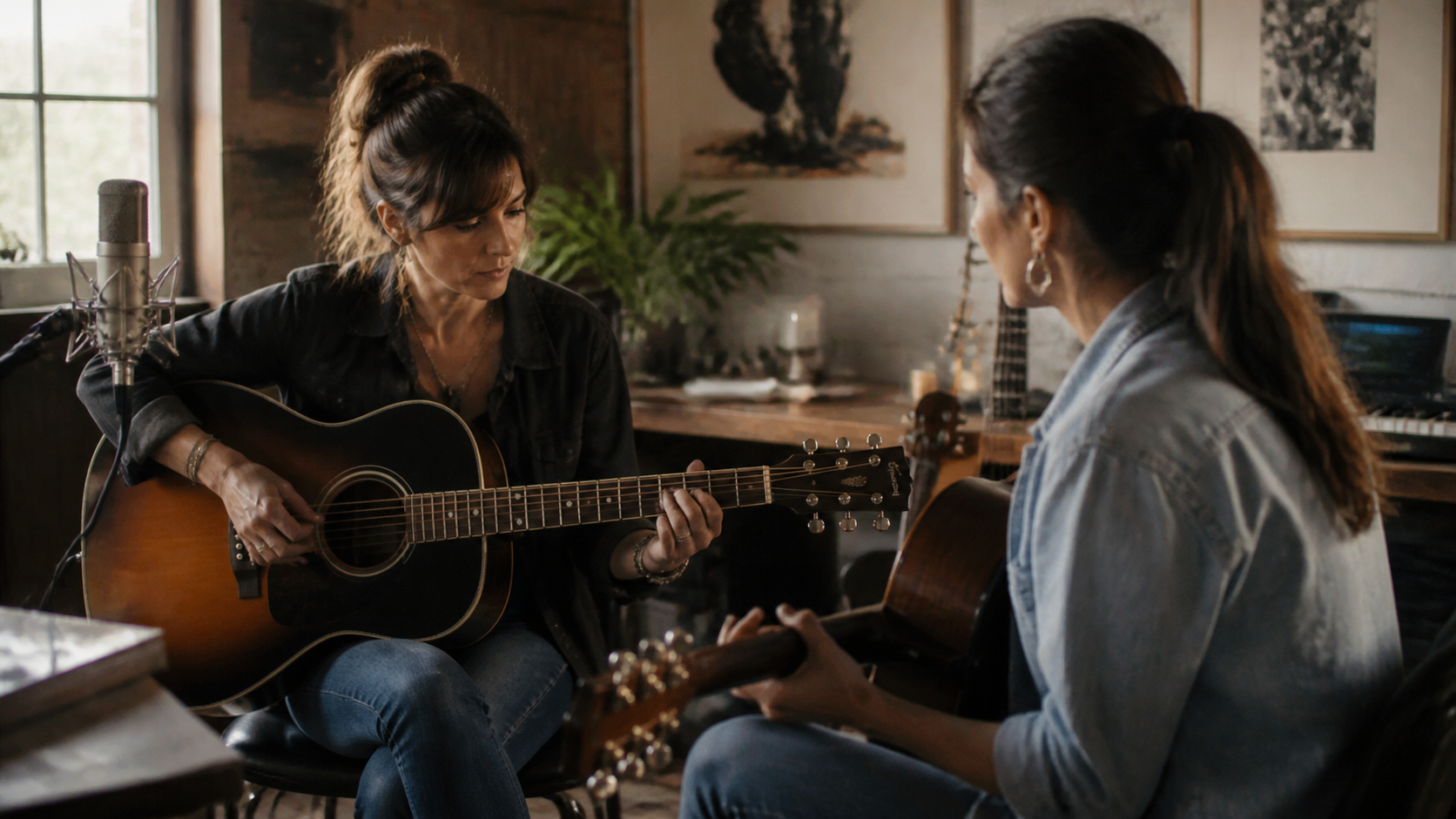 Deux musiciennes répétant une chanson autour d'une guitare acoustique